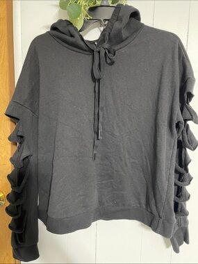ALO Black Hooded Pullover with Ladder Cutout Sleeves